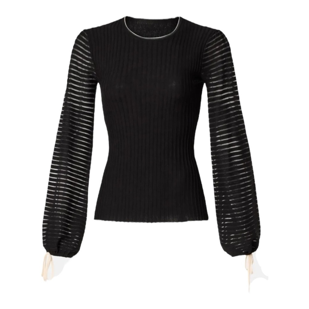 Roksanda Tie Long Puff Sleeve Top in Black Ribbed Knit Size XL
